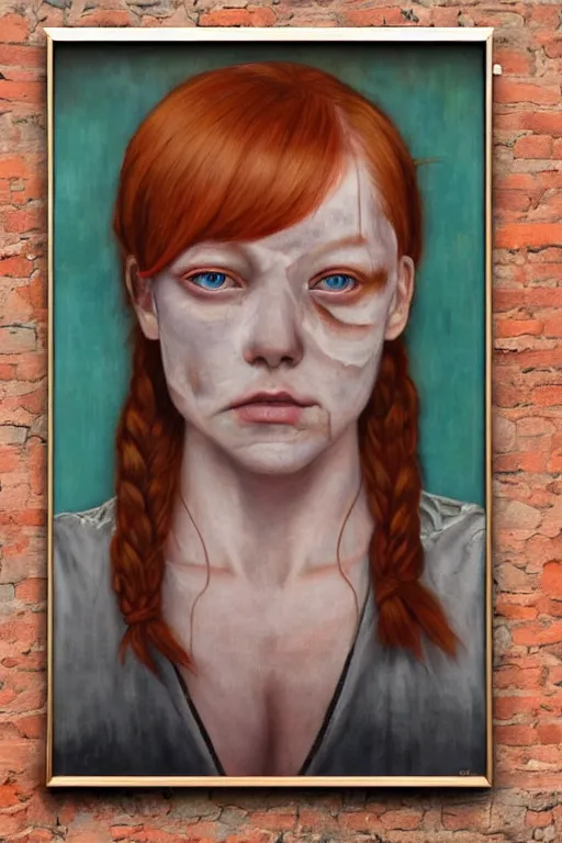 Prompt: beautiful oil painting of a wanted poster for a ginger female bank robber by chie yoshii, full body portrait, brick wall, symmetrical face, freckles, giant eyes, dramatic lighting