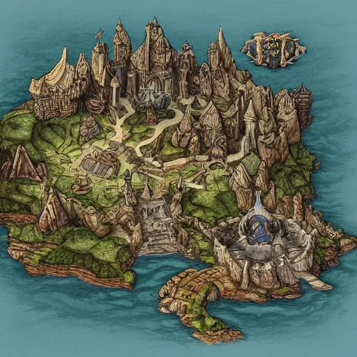 Prompt: an isometric disney dark fantasy map in the dungeons and dragons style of a continent bordered by ocean, with detailed areas by brian froud and hr giger, but some open space and plains