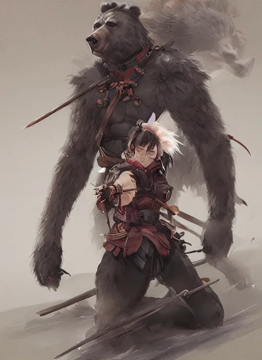 Prompt: japanese girl and a samurai werebear, d & d, fantasy, portrait, highly detailed, digital painting, trending on artstation, concept art, sharp focus, illustration, art by artgerm and greg rutkowski and magali villeneuve