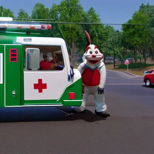 Image similar to big chungus meme, anthropomorphic ambulance shaped like big chungus, fat bugs bunny shaped ambulance, highly detailed 3 d render, unreal engine 5