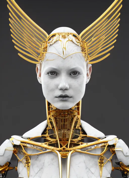 Image similar to a statue made of white marble with gold veins, of an gorgeous futuristic cybernetic angel girl, prostheses, transhumanism, full body shot, perfect symmetrical body, perfect symmetrical face, hyper realistic, hyper detailed, by johannen voss, by peter kemp, by monia merlo, by michelangelo, octane render, blender, 8 k