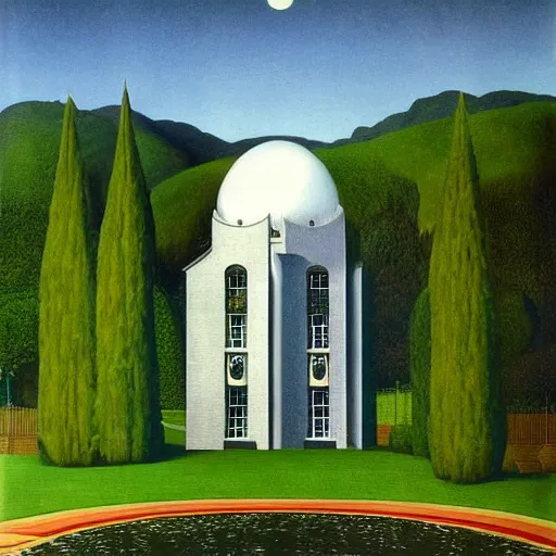 Prompt: elrond's house, rivendell, by rene magritte