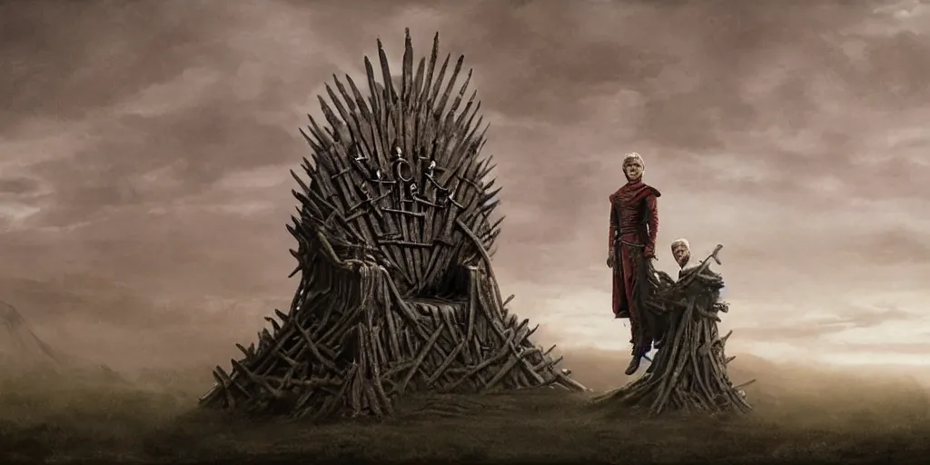 Image similar to Jack Gleeson as King Joffrey Baratheon sitting on the Iron Throne, Les Edwards, Zdzislaw Beksinski, Carl Gustav Carus, John Harris, Michal Karcz, Zhang Kechun, Mikko Lagerstedt, Scott Listfield, Steven Outram, Jessica Rossier