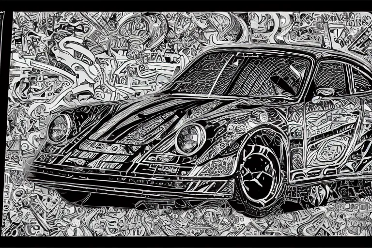 Image similar to a black and white drawing of a porsche 9 3 5 slantnose, a detailed mixed media collage by hiroki tsukuda and eduardo paolozzi and moebius, intricate linework, sketchbook psychedelic doodle comic drawing, geometric, street art, polycount, deconstructivism, matte drawing, academic art, constructivism