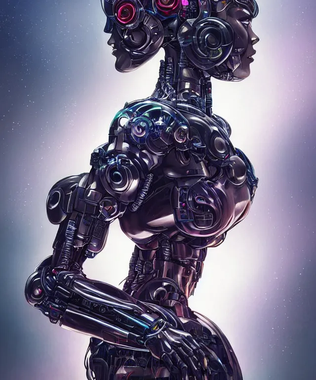 Image similar to a woman turning into an mecha android portrait wearing a part cybernetic mecha body, surrealism , scifi, intricate, elegant, sharp eyebrows, ornate long flowing hair, highly detailed cybernetic body, neon glowing eyes, digital painting, artstation, concept art, smooth, sharp focus, illustration, art by Artgerm and moebius and Peter Mohrbacher