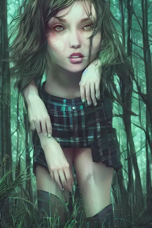 Prompt: woman in a dark forest, detailed plaid miniskirt, beautiful realistic face, detailed eyes, trending on artstation, by dan mumford, anime style, octane render, close up body composition