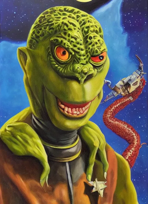 Image similar to oil painting portrait of a lizard person, a gorn from star trek, wearing a blonde wig in a movie poster for gone with the wind