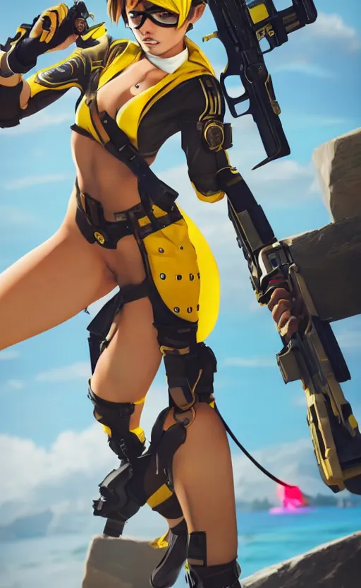 Image similar to tracer game character, in yellow bikini, blonde hair, black eyes, full height
