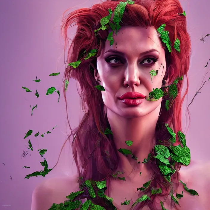 Image similar to portrait of Angelina Jolie as Poison Ivy. intricate abstract. intricate artwork. by Tooth Wu, wlop, beeple, dan mumford. octane render, trending on artstation, greg rutkowski very coherent symmetrical artwork. cinematic, hyper realism, high detail, octane render, 8k, iridescent accents