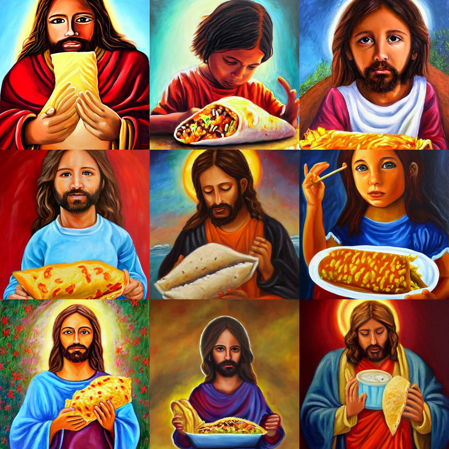 Prompt: painting of jesus eating a massive burrito by lilia alvarado