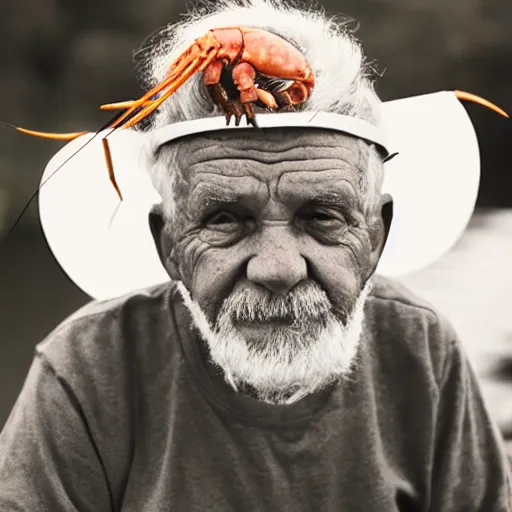 Image similar to a photo of an old man with a crayfish on his head