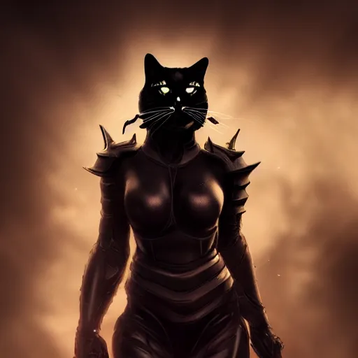 Prompt: Black Cat in armor fighting a demon cinematic lighting, fine detail, trending on artstation, ultra crisp, high contrast, ominous, threatening, haunting, forbidding, gloomy, Long shot