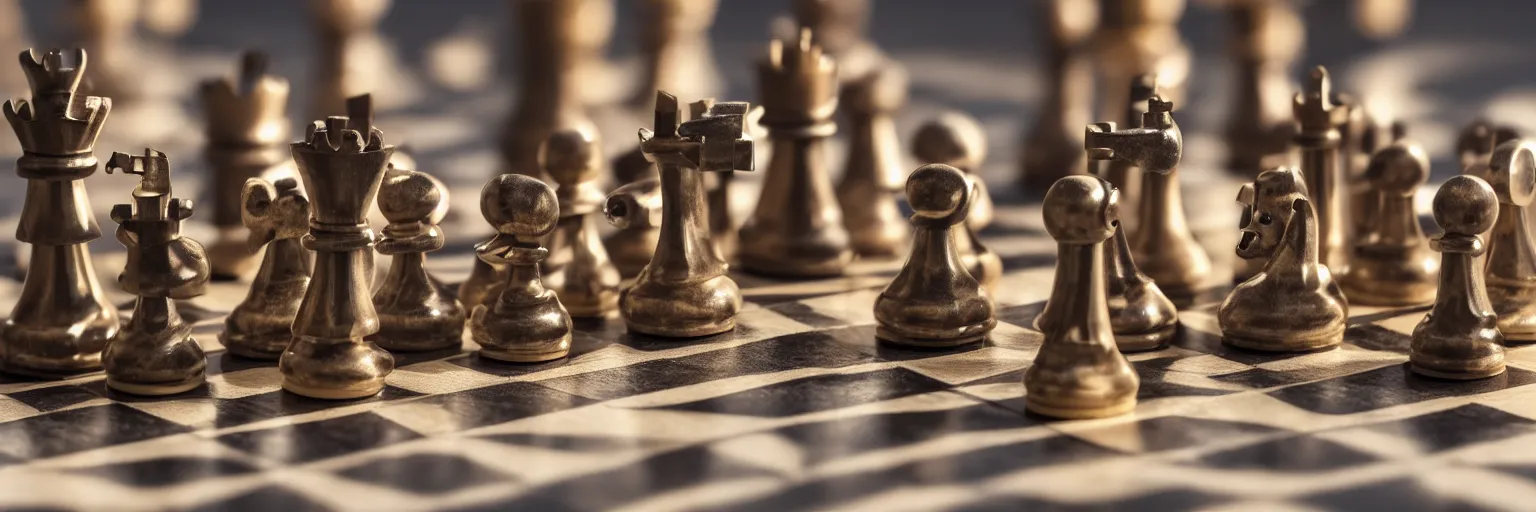 Prompt: cyborg chess pieces on chessboard, studio shot, dark background, photorealistic image, golden hour, low angle shot, very detailed