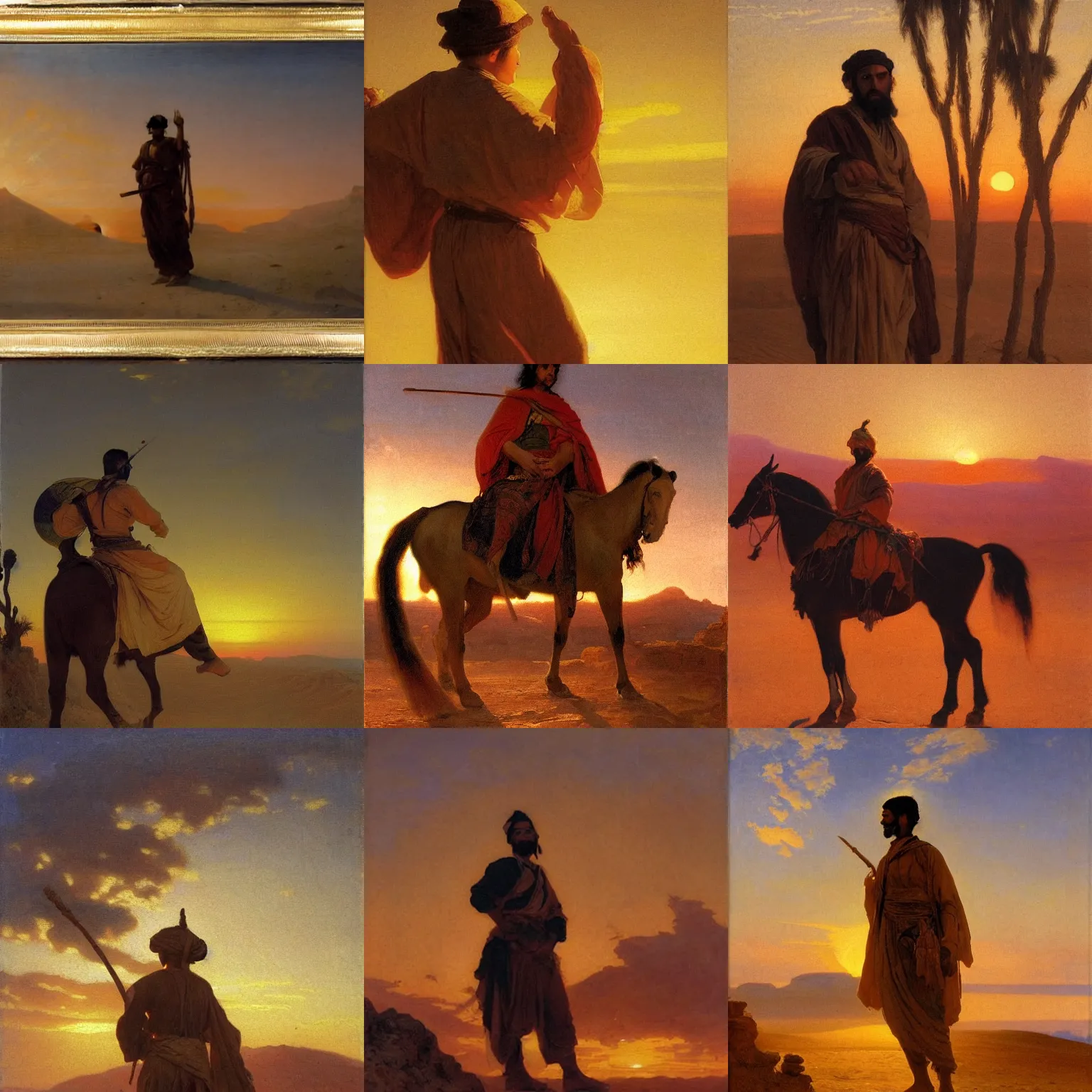 Prompt: orientalism painting of a hero silhouetted by a desert sunset by theodore ralli and nasreddine dinet and anders zorn and nikolay makovsky and edwin longsden long, oil on canvas, masterful intricate artwork, excellent lighting, high detail 8 k