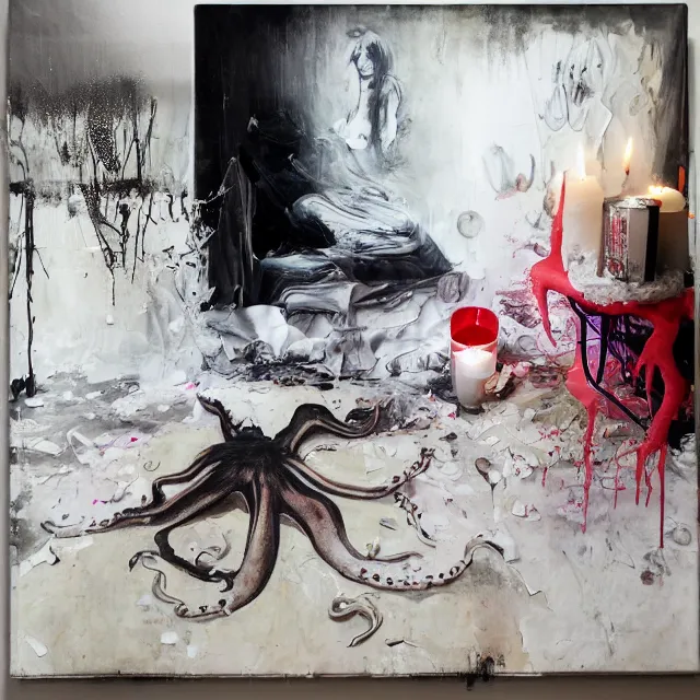 Image similar to a female artist's apartment, sensual portrait of a woman sleeping, cracked handmade pottery vase, torn paper smouldering smoke, candles, white flowers on the floor, puddle of water, octopus, squashed berries, neo - expressionism, surrealism, acrylic and spray paint and oilstick on canvas