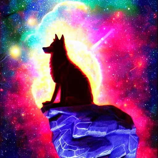 Image similar to Doctor Manhattan as a wolf meditating in outer space, stars, artstation, digital art, spiritual, award winning, colourful