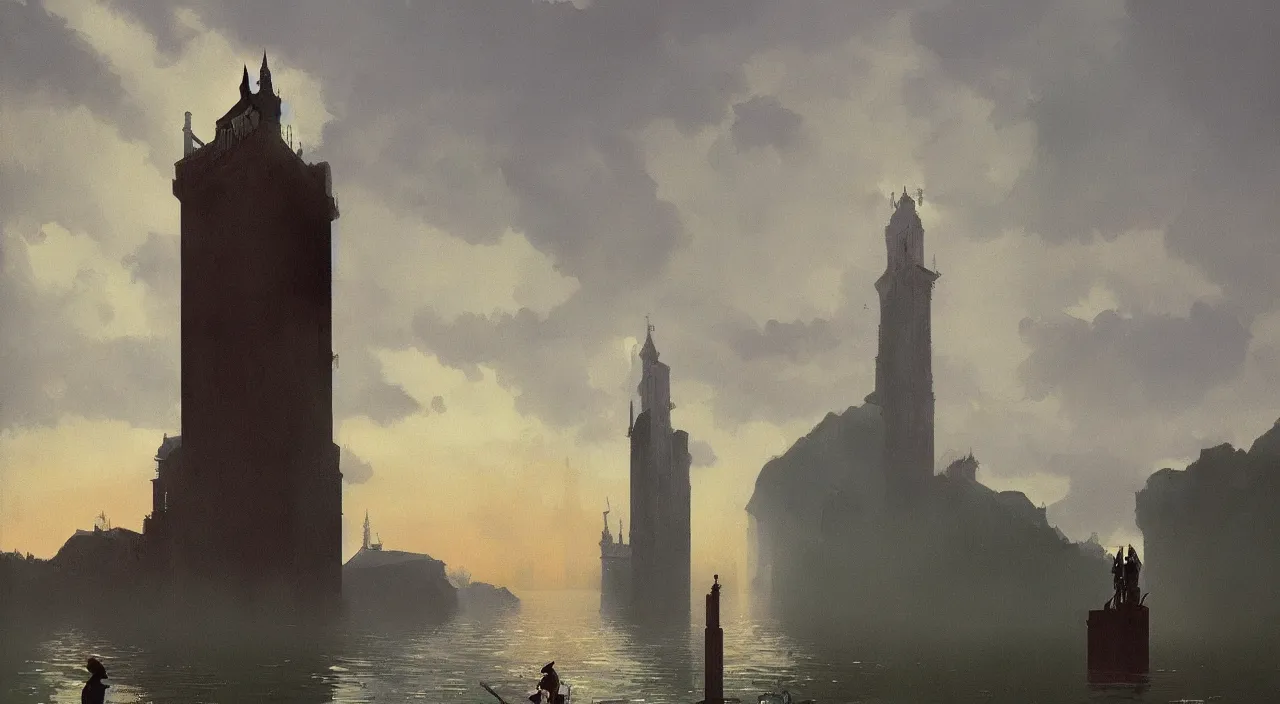 Prompt: single flooded simple tower, very coherent and colorful high contrast!! masterpiece by rene magritte simon stalenhag carl spitzweg syd mead norman rockwell edward hopper james gilleard, minimalist, bloodborne, dark shadows, sunny day, hard lighting