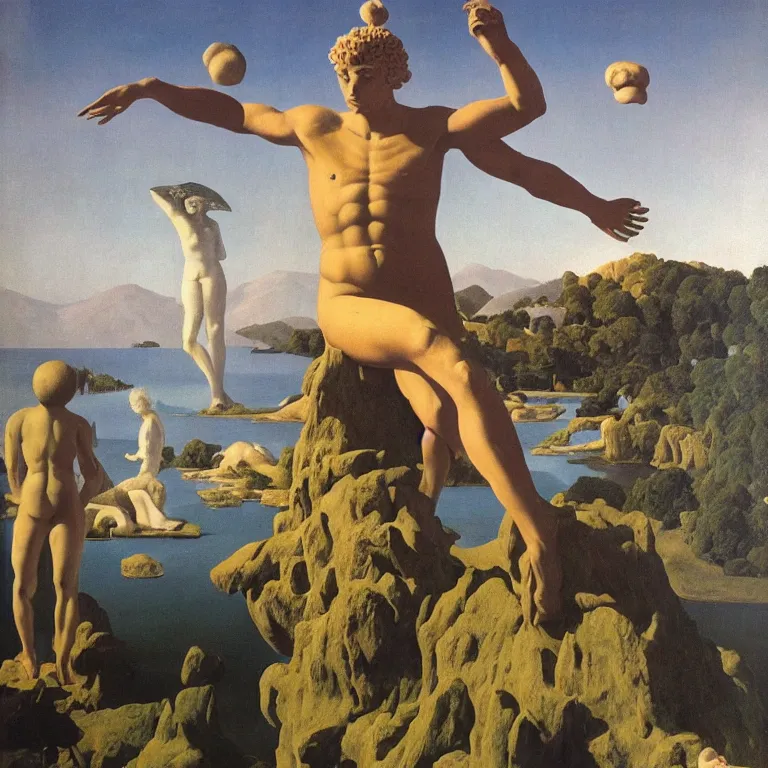 Image similar to A Monumental Public Sculpture of a 'Triumphant Hercules made of Sea Anemone' on a pedestal by the lake, surreal oil painting by Rene Magritte and Maxfield Parrish and Max Ernst shocking detail hyperrealistic!! Cinematic lighting