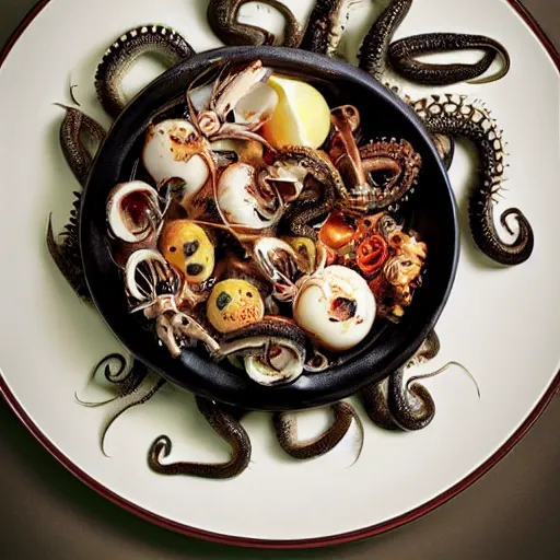 Prompt: Food photography michelin star bowl of live spiders and octopus