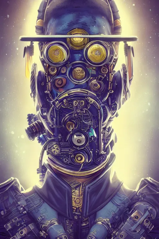 Prompt: a Portrait of a steampunk sci-fi ninja, third person, D&D, sci-fi fantasy, intricate, blue and gold, highly detailed , art by Range Murata, rim lighting, highly detailed, 3d, octane render, bright colors, digital painting, trending on artstation, sharp focus, illustration style of Stanley Artgerm,