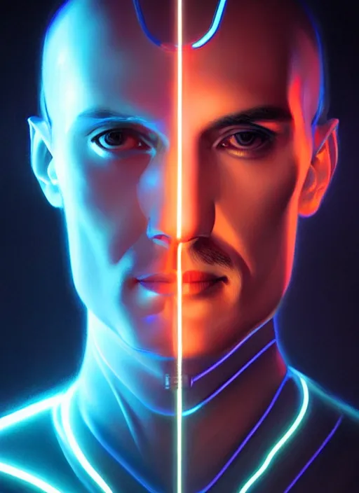 Image similar to portrait of nikola tesla cyber humanoid, intricate, elegant, cyber neon lights, highly detailed, digital painting, artstation, glamor pose, concept art, smooth, sharp focus, illustration, art by artgerm and greg rutkowski