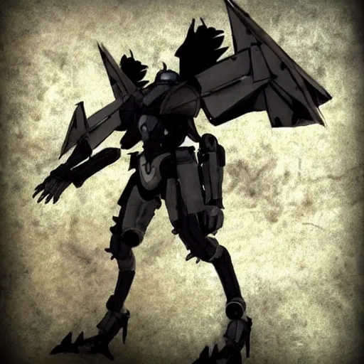 Prompt: A humanoid mosquito wolf, reminiscent of a winged medieval knight black rusty armor. Metal gear solid style.