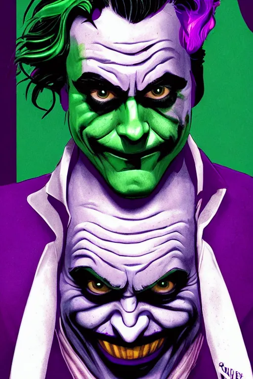 Prompt: new joaquin phoenix joker comic panel, remove duplicate content!!!!, violet polsangi pop art, gta chinatown wars art style, bioshock infinite art style, incrinate, realistic anatomy, hyperrealistic, green and purple color, white frame, content balance proportion