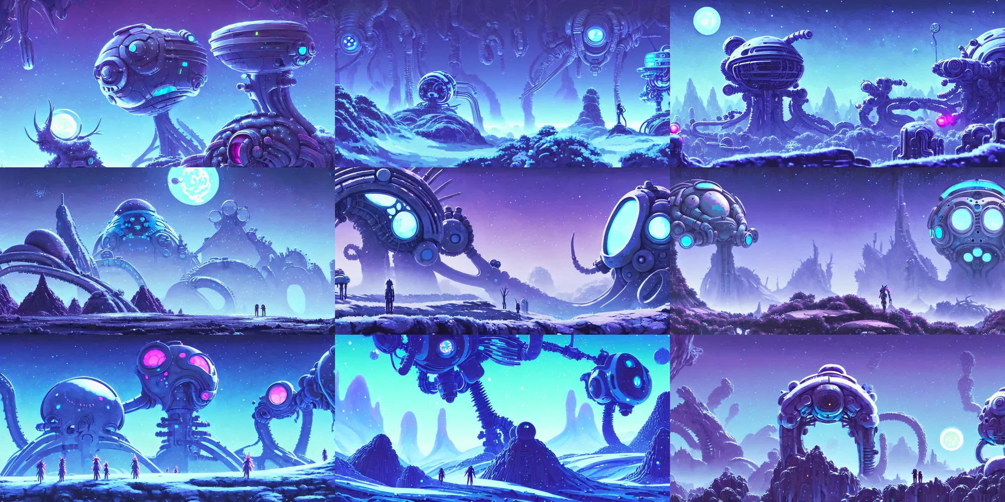 Prompt: game asset ori parallax alien scifi mechanical snow environment, studio ghibli, futuristic h. r giger, in gouache detailed paintings, props, stylized, 2 d sprites, kitbash, nature, organic, ivy, arcane, overwatch, blue and pink color scheme, 8 k, close up