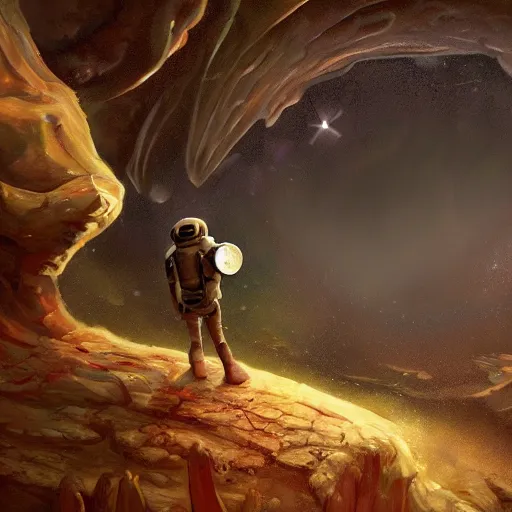 Prompt: an adventurer on an alien planet, artstation hall of fame gallery, editors choice, # 1 digital painting of all time, most beautiful image ever created, emotionally evocative, greatest art ever made, lifetime achievement magnum opus masterpiece, the most amazing breathtaking image with the deepest message ever painted, a thing of beauty beyond imagination or words