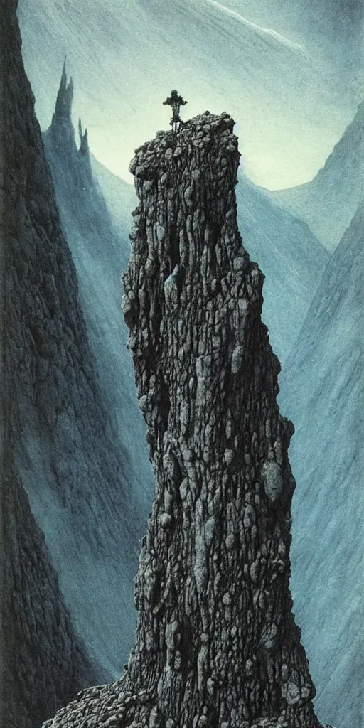 Image similar to A detailed lonley alien sock stands among the mountains. Wearing a ripped mantle, robe. Perfect face, extremely high details, realistic, fantasy art, solo, masterpiece, art by Zdzisław Beksiński, Arthur Rackham, Dariusz Zawadzki