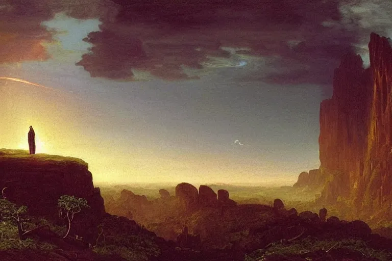 Image similar to A romantic era explorer venturing into the metaverse by Caspar David Friedrich and Thomas Cole, oil painting, Impressionism, Romanticism,