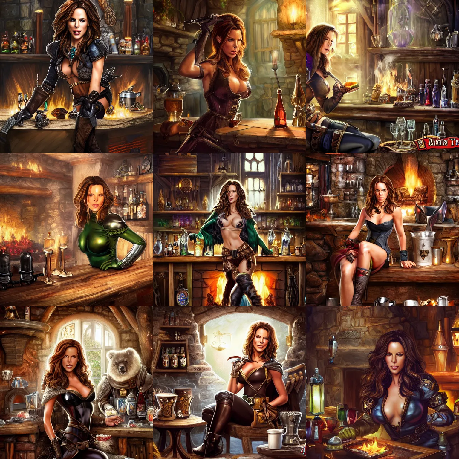 Prompt: kate beckinsale weared as rogue, sit in fantasy tavern near fireplace, behind bar deck with bear mugs, medieval dnd, colorfull digital fantasy art, 4k