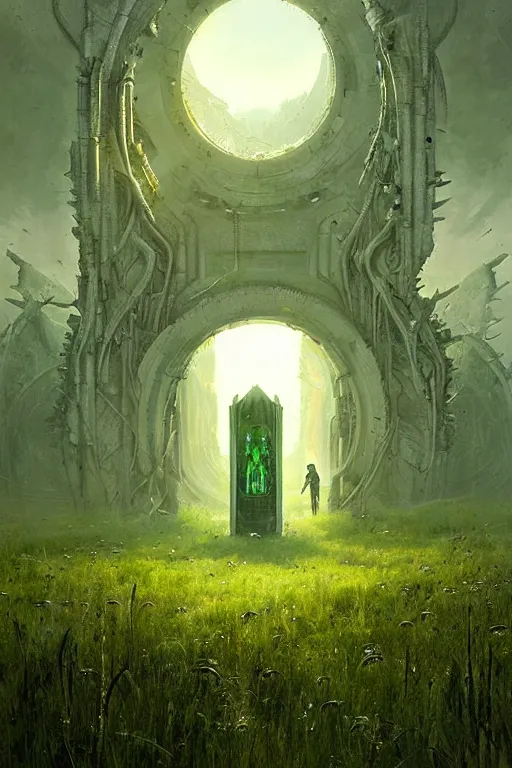 Prompt: portal from hell to a beautiful green meadow by giger, greg rutkowski