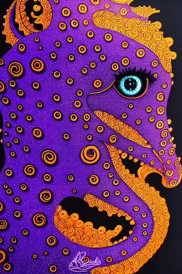 Image similar to a close up portrait of a purple ornate seahorse head statue, orange eyes, black paper, billions of details, beautiful intricate painting by kokaris