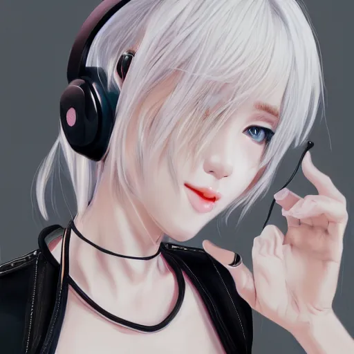 Prompt: realistic detailed semirealism beautiful gorgeous natural cute excited happy Blackpink Lalisa Manoban white hair white cat ears blue eyes, wearing black camisole outfit, headphones, black leather choker artwork drawn full HD 4K high resolution quality artstyle professional artists WLOP, Aztodio, Taejune Kim, Guweiz, Pixiv, Instagram, Artstation