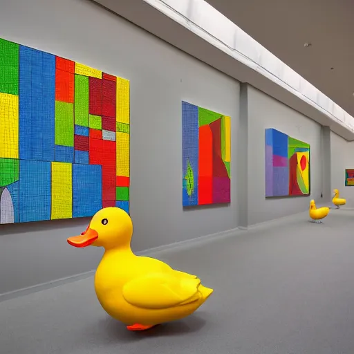 Image similar to wide shot, one photorealistic rubber duck in foreground on a pedestal in an museum gallery, british museum, the walls are covered with colorful geometric wall paintings in the style of sol lewitt, tall arched stone doorways, through the doorways are more wall paintings in the style of sol lewitt.