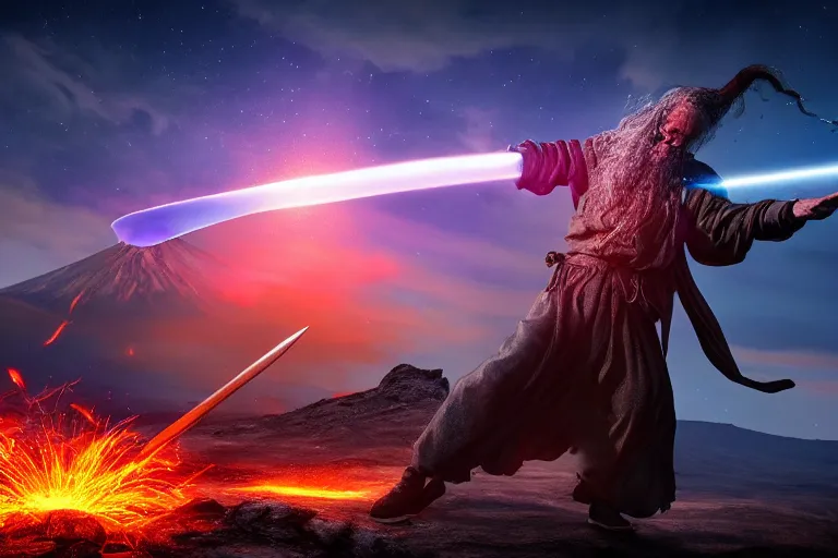 Prompt: levitating wizard wielding a sword, opening a shining portal, night sky, horizon of an erupting volcano, 4 k, ultra realistic, detailed, epic lighting, high detail, masterpiece, trending on artstation