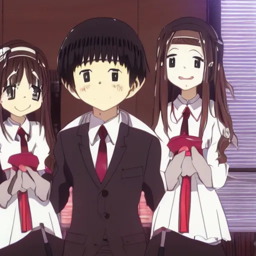 Prompt: Takagi and Nishikata getting married, High Quality Anime Style, featuring Hibino Mina, Tsukimoto Sanae, Tenkawa Yukari, Houjou, and Sakurai, 8k