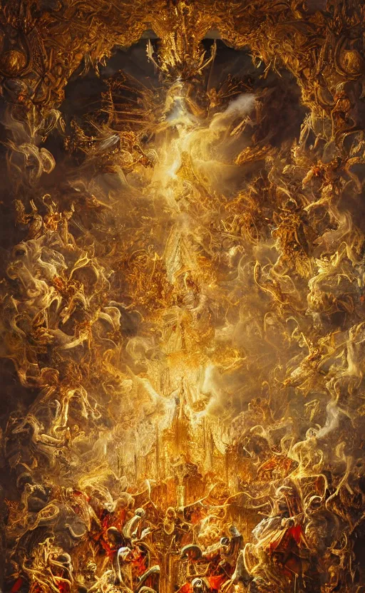 Image similar to 'Deamons Invade The Holy See' by István Sándorfi royally decorated, whirling smoke, embers, gold encrustations , gilt silk torn fabric, radiant colors, fantasy, perfect lighting, studio lit, micro details,