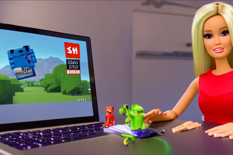 Image similar to photo of a real life barbie playing roblox on shes laptop, 4k