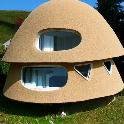 Prompt: a house shaped like a mushroom, with a fungal roof