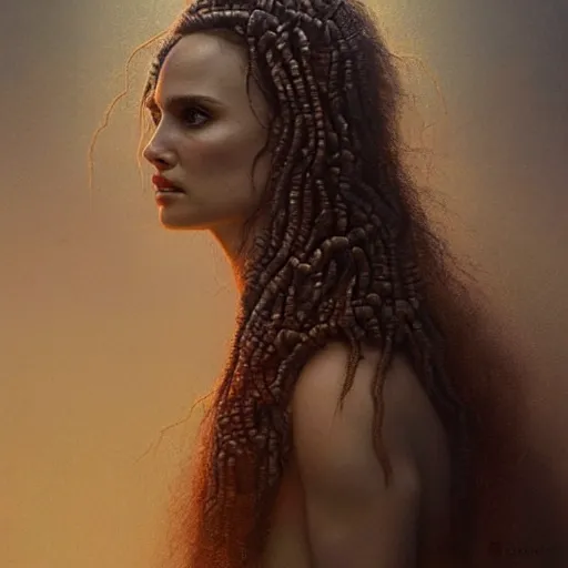 Image similar to a portrait of natalie portman as medusa in dramatic lighting, snakehair, interior background, artstation, by greg rutkowski, by beksinski, a realism masterpiece