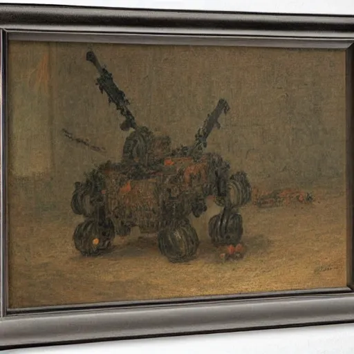 Prompt: Still life of a battle robot surrounded by his weapons, by Henri Fantin-Latour