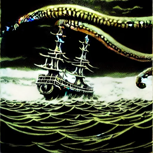 Image similar to a highly detailed hyperrealistic scene of a ship being attacked by giant squid tentacles, ultra realistic, jellyfish, squid attack, dark, voluminous clouds, thunder, stormy seas, pirate ship, dark, high contrast, yoji shinkawa, scary, m.c. Escher, highly detailed, brutal, beautiful, octopus arms attacking the ship from the storm, illusion, artgerm