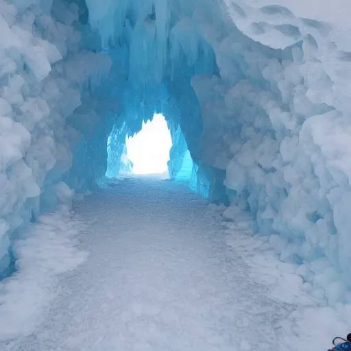 Image similar to narrow ice cave with low ceiling and narrow rough river running through it, surreal,