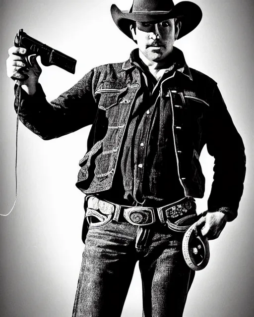 Image similar to portrait of cowboy holding realistic symmetrical colt single action army revolver, black and white polaroid, western, high production value, intricate details, high resolution, hyperrealistic, hdr, high definition, award winning photography, masterpiece, ultra realistic, highly detailed, hd, sharp focus, cinematic lighting, shaded, non blurry, sharp, smooth