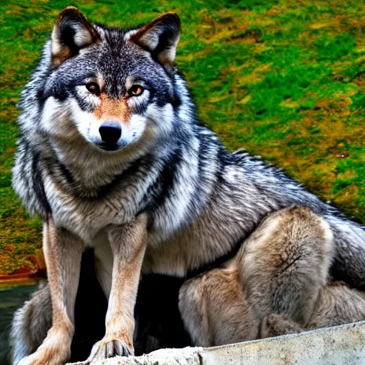 Prompt: a lifelike anthropomorphic wolf(with long hair and cute big green eyes, tail raised, concerned expression, anthro wolf face, very fluffy and furry) standing in a pool, shot in wide angle, with soft lighting.