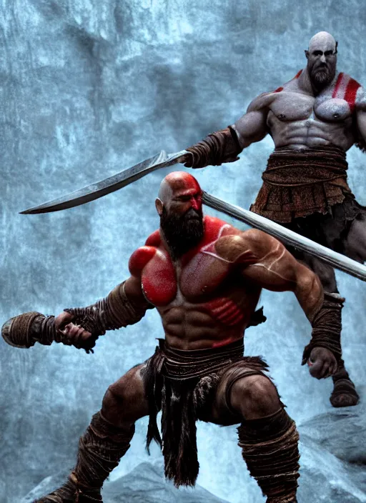Image similar to film still from god of war, 3 d model, a highly detailed beautiful closeup photo of dwayne johnson kratos hybrid god of war holding a sword and fighting zombies on a pile of human skulls, spartan warrior, olympian god, muscular!,, action pose, ambient lighting, volumetric lighting, octane, fantasy