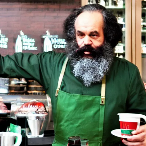 Image similar to Karl Marx dressed as Starbucks barista, photography, 4k