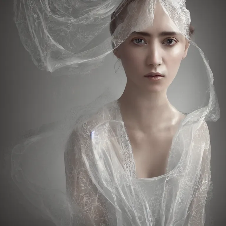 Image similar to hight focus of a wonderful realistic focused sweet wonderful symmetrical mid portrait of a lonely woman with a detailed wonderful, majestic, large semi transparent white cotton dress ornate with semi transparent cotton roses and semi transparent white veils, dramatic light, octane render, - 8 k